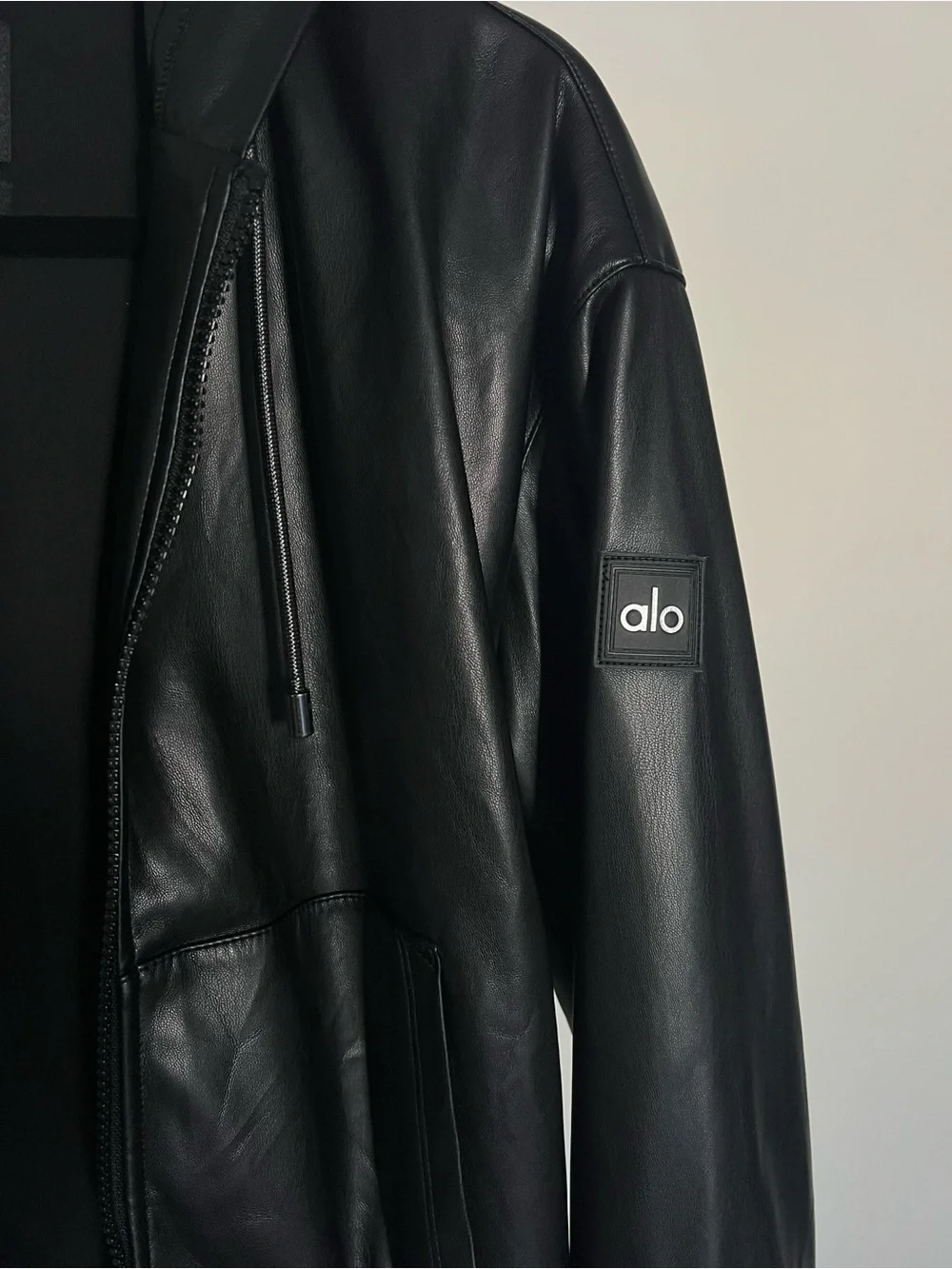 ALO Yoga Black Faux Leather Hooded Bomber Jacket